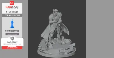 A detailed 3D model of an armored warrior holding a spear, standing on a rocky base with debris.