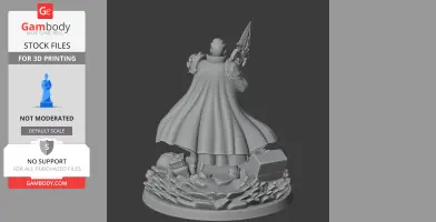 A cloaked figure with a weapon stands on a rocky base, ready for 3D printing.