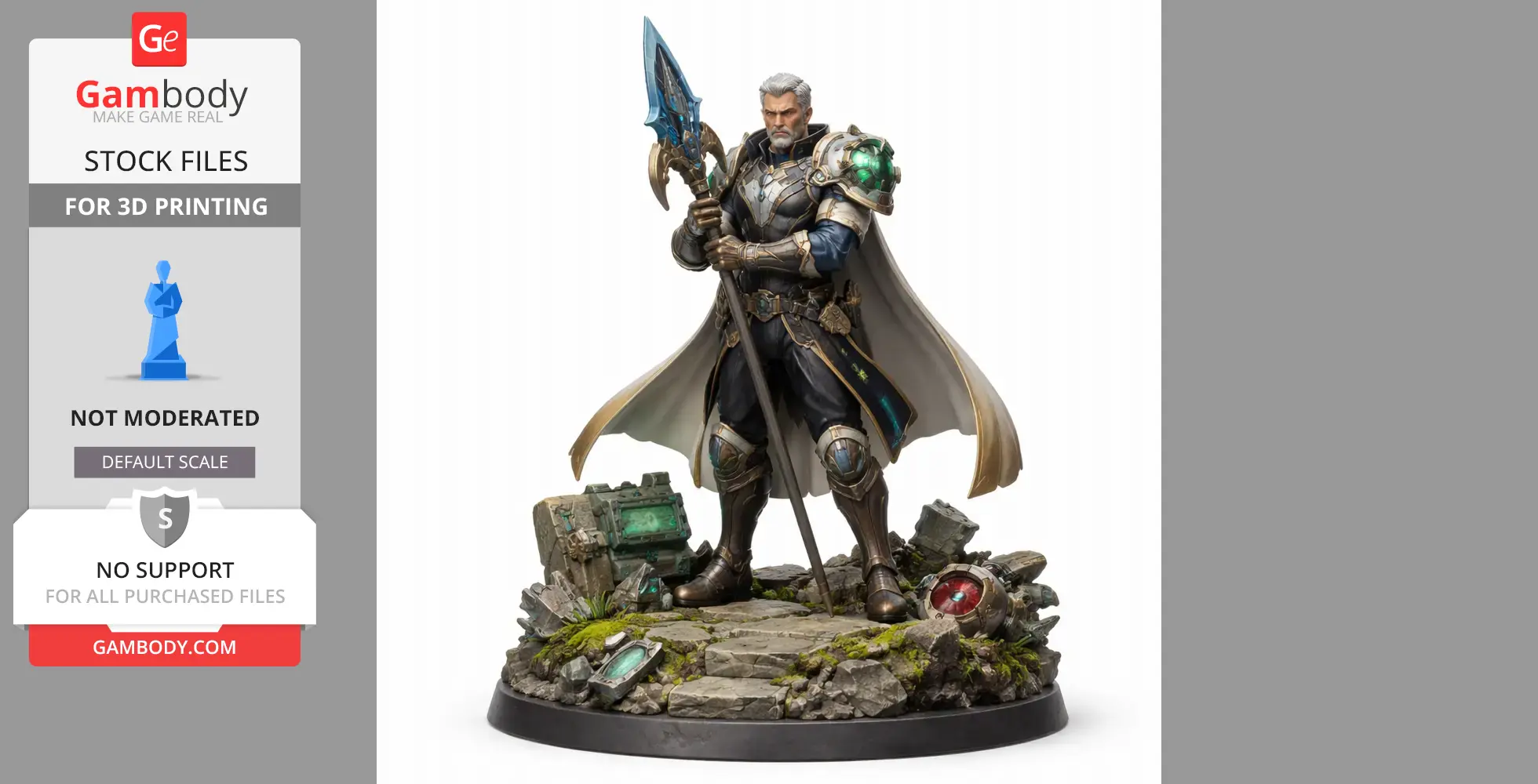 Elder warrior in armor holding spear, standing on rocky base with debris and vegetation.