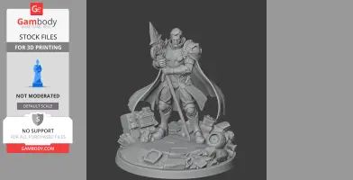 Armored warrior figure holding a spear, standing on a base adorned with scattered tech and debris.