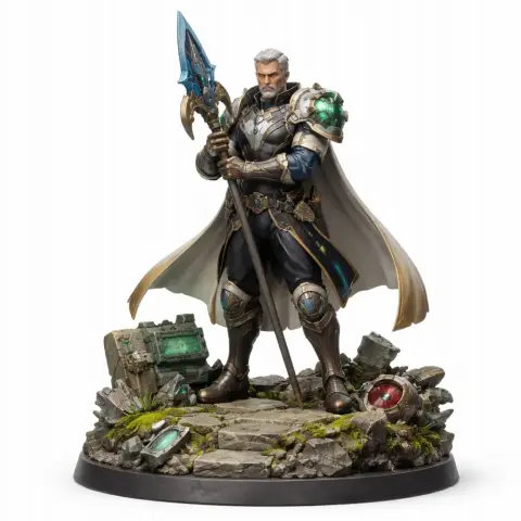 Warrior figure in armor with a cape, holding a spear, stands on a rocky base with mystical relics.