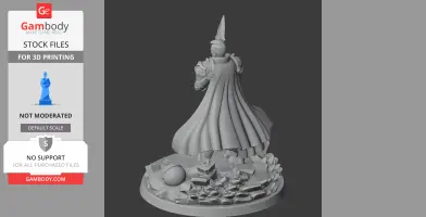 A 3D model of a cloaked figure wearing a pointed helmet, standing on a rocky base with debris.