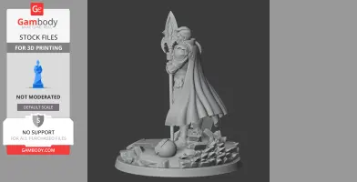 Armored character with a spear, standing on a rocky base, draped in a detailed cape.