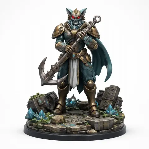 Armored feline warrior holding a large axe, surrounded by crystals and ruins on a detailed base.