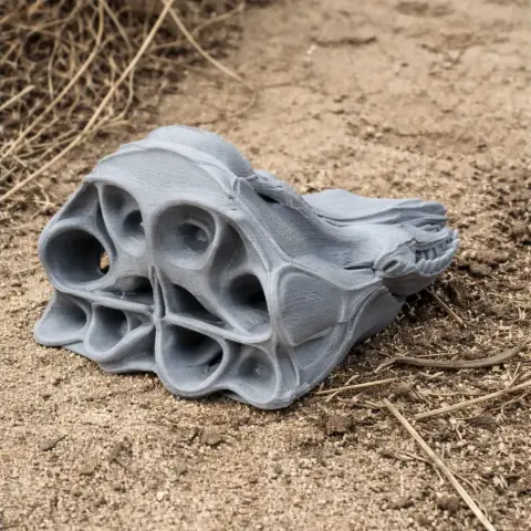 3D-printed pilot whale skull replica on sandy ground.