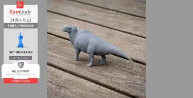 Gray 3D model of Aquilarhinus, a prehistoric dinosaur, standing on a wooden surface.