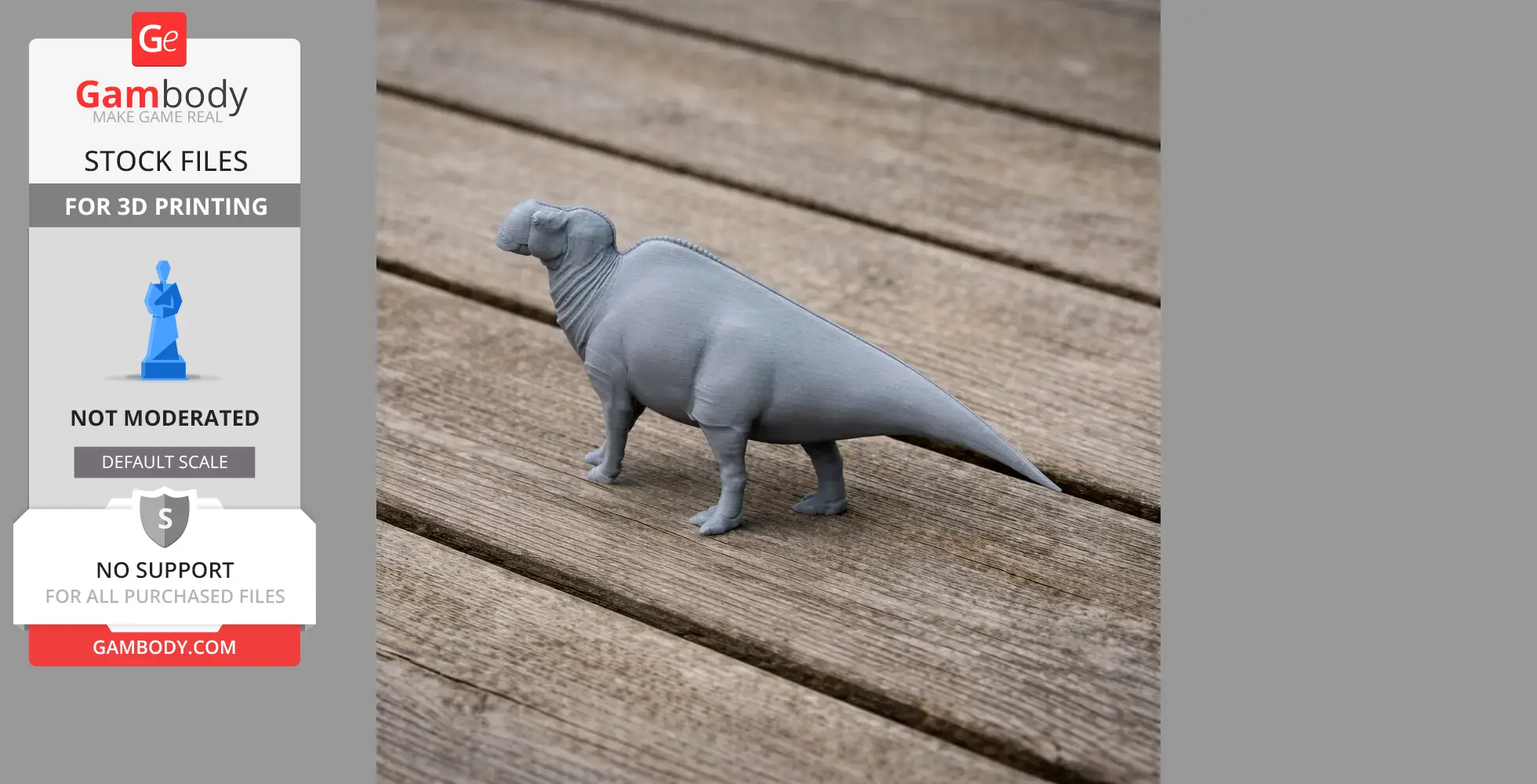 Gray 3D model of Aquilarhinus, a prehistoric dinosaur, standing on a wooden surface.