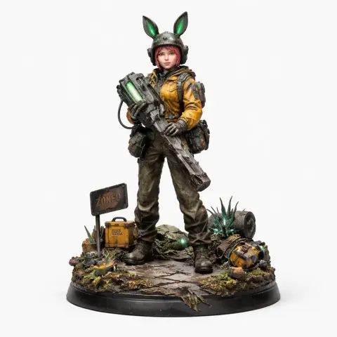 A female character in a helmet with bunny ears holds a weapon, standing on post-apocalyptic terrain.