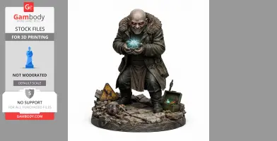 Bald character with glowing orb, fur-collared coat, stands on rubble with warning signs and box.