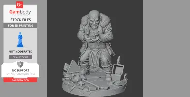 A detailed 3D model of a menacing character with a fur coat, standing on debris, holding a mysterious object.
