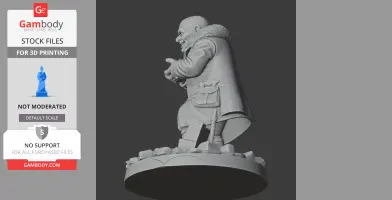 Bald, bulky figure in a fur-collared coat with gear, standing on a rubble-like base. 3D printable model.