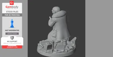 A 3D model of a cloaked figure standing on a detailed base with accessories and debris around.