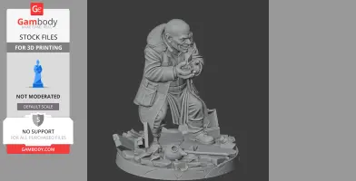 Bald, hunched figure in a coat, standing on a rubble base, clutching an object in his hands.