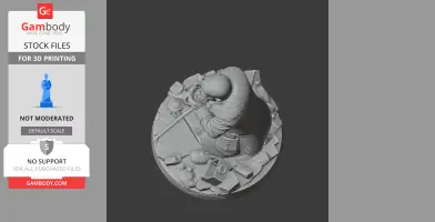 A 3D model of a cloaked, crouching humanoid figure on a detailed circular base.
