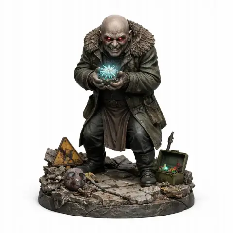 Creature with glowing orb, wearing a coat, stands on rubble with hazardous sign and open case.