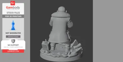 A 3D printed character model from behind, wearing a coat with a fur collar, standing on a detailed base.