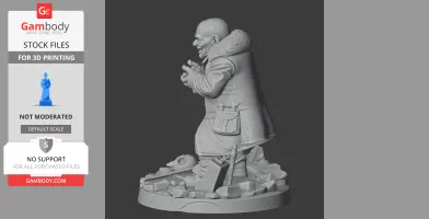 Bald, grinning figure in a fur-collared coat, standing on rubble with a gas mask and other debris.