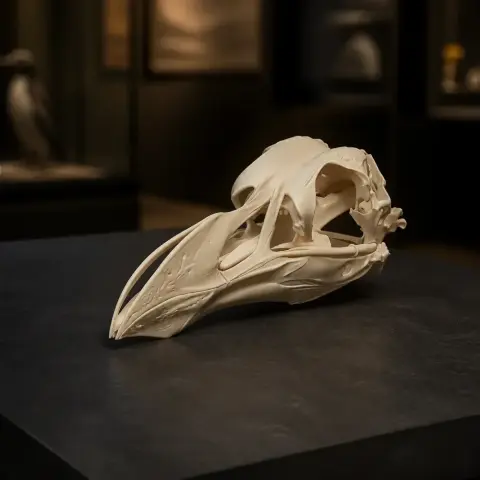 3D-printed Great Auk skull replica displayed on a dark surface.