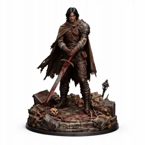 A warrior with a cape and armor stands on a rugged base, holding a bloodied sword, among skulls.
