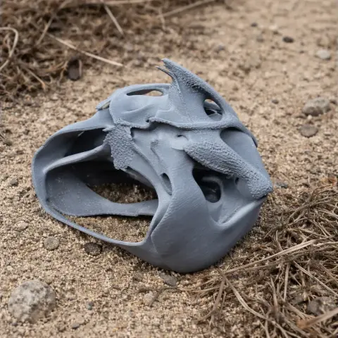 A detailed, 3D-printed replica of a piranha skull resting on sandy ground.