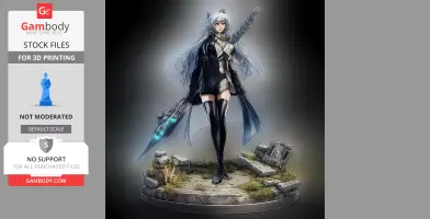 Character figure with long hair, wielding a large weapon, standing on a rocky base with moss.