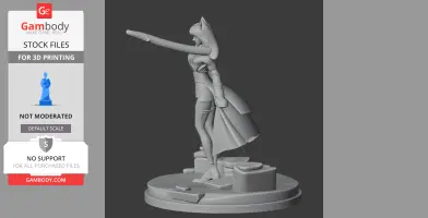 A 3D figure of a female character with flowing hair and a cape, standing on a decorated base.