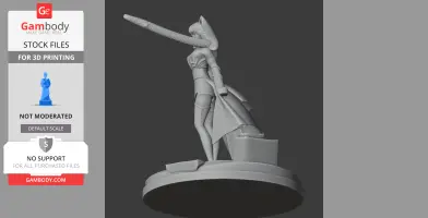 A 3D model of a dynamic female character with long hair and a flowing outfit, poised on a circular base.