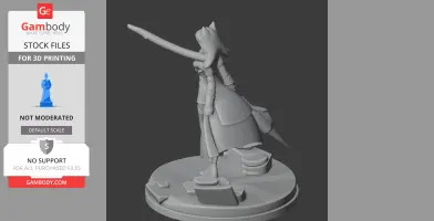 A 3D model figure with flowing garments and extended arm, standing on a round base, ready for 3D printing.