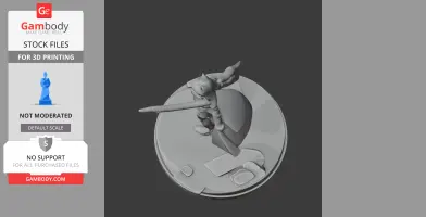 A 3D model of a character with a large weapon on a circular base, designed for 3D printing.