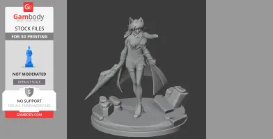 A stylized female figure with fox ears, flowing outfit, and large weapon on a detailed round base.