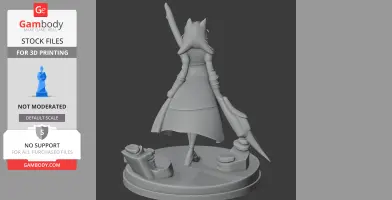 A 3D character model with long hair holding a large sword, standing on a decorative base.