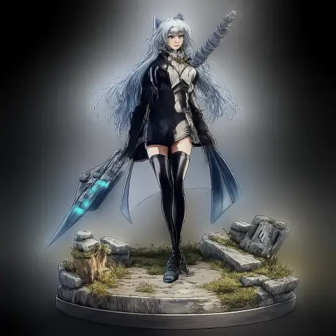 A female warrior in futuristic armor with blue lights, holding a large sword, stands on a rocky base.