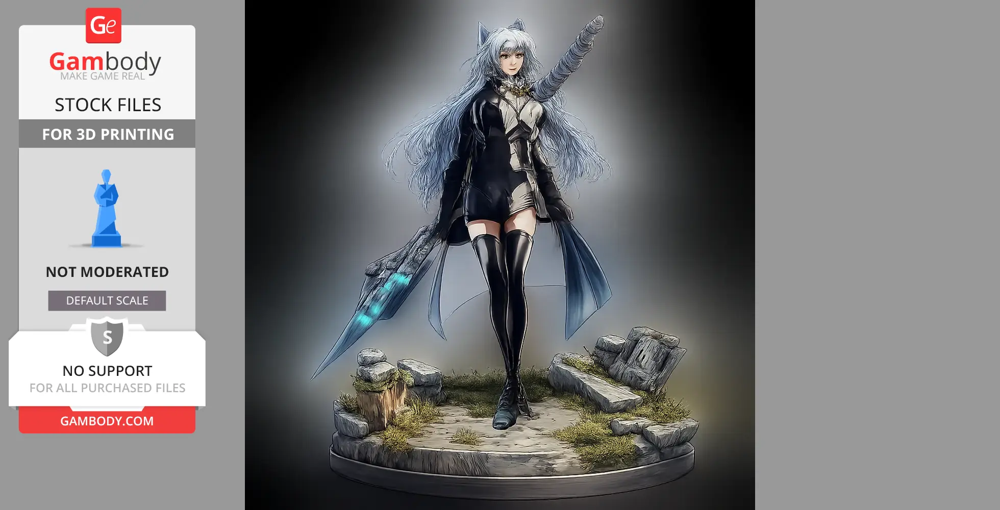 Character figure with long hair, wielding a large weapon, standing on a rocky base with moss.