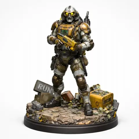 Armored soldier with glowing eyes and weapon, standing on debris-filled base with scattered objects.