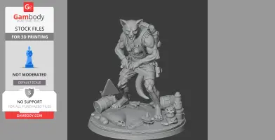 A muscular cat mutant figure standing on a detailed base with debris and accessories, ready for 3D printing.