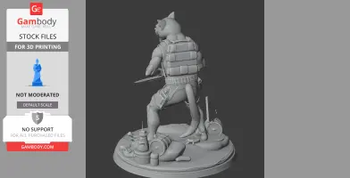 Mutant cat figure with tactical gear and knife, standing on debris base.