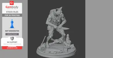 Mutant cat figure with a backpack and knife, standing on a detailed base with various objects.