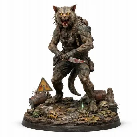 Fierce mutant cat character holding a knife, detailed base with debris and skulls, ready for 3D printing.