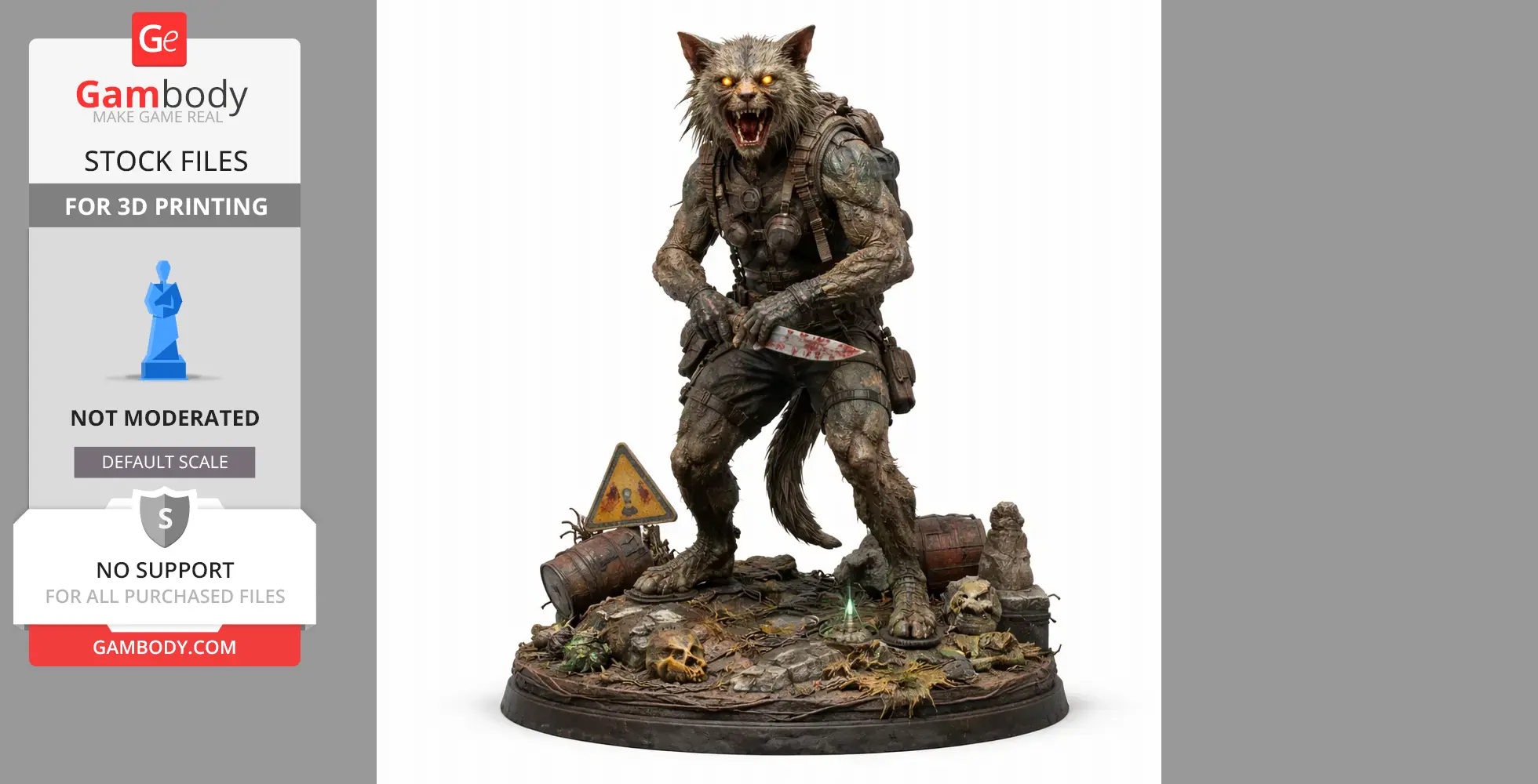 A mutated cat creature with glowing eyes, holding a bloody knife on a detailed base with debris.