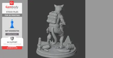 Anthropomorphic cat mutant figure with a backpack on a detailed base, ready for 3D printing.