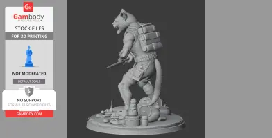 A muscular, bipedal cat mutant character with military gear and a knife, standing on a detailed base.