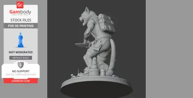Anthropomorphic cat mutant figurine holding a knife, equipped with a backpack, standing on a detailed base.