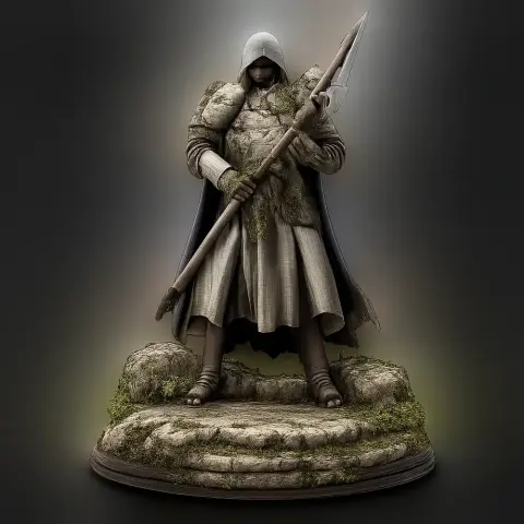 A hooded figure in armor holding a spear stands on a mossy stone base.