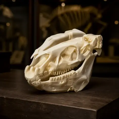 3D-printed Pliohippus skull model displayed on a wooden surface.