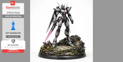 Armored mech figure with dual pink energy blades, standing on a rocky base with glowing orange accents.