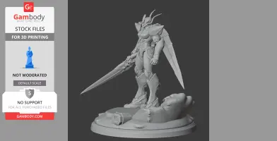 Armored Core VI figure with a sword and antenna-like protrusions, standing on a rocky base.