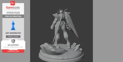 Armored Core VI figure STL, standing on a detailed base, equipped with armor and large weapon attachments.