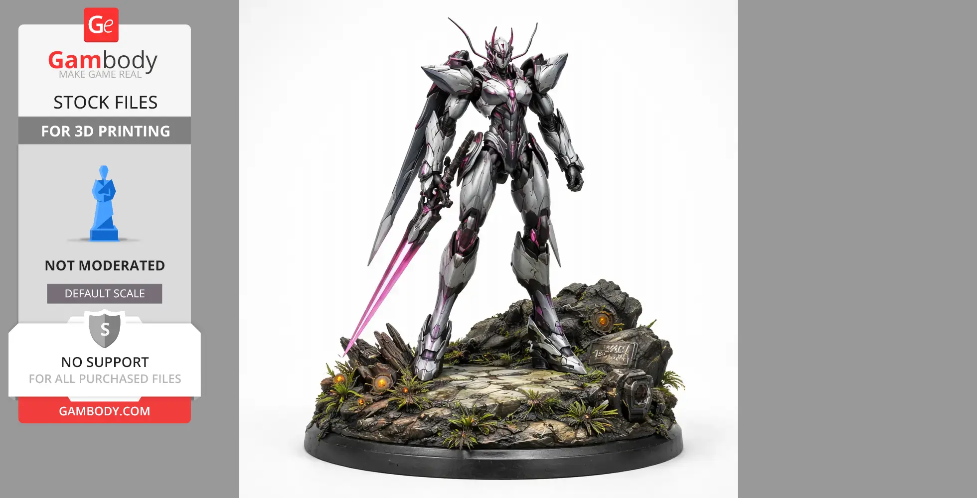 Armored mech figure with dual pink energy blades, standing on a rocky base with glowing orange accents.