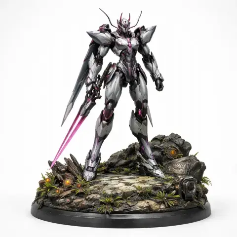 Armored mech figure with sleek, metallic design and glowing pink accents, standing on a detailed rocky base.