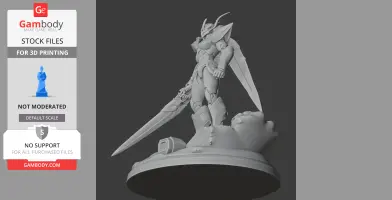 Detailed armored mech figure with large blades, standing dynamically on a decorative base.